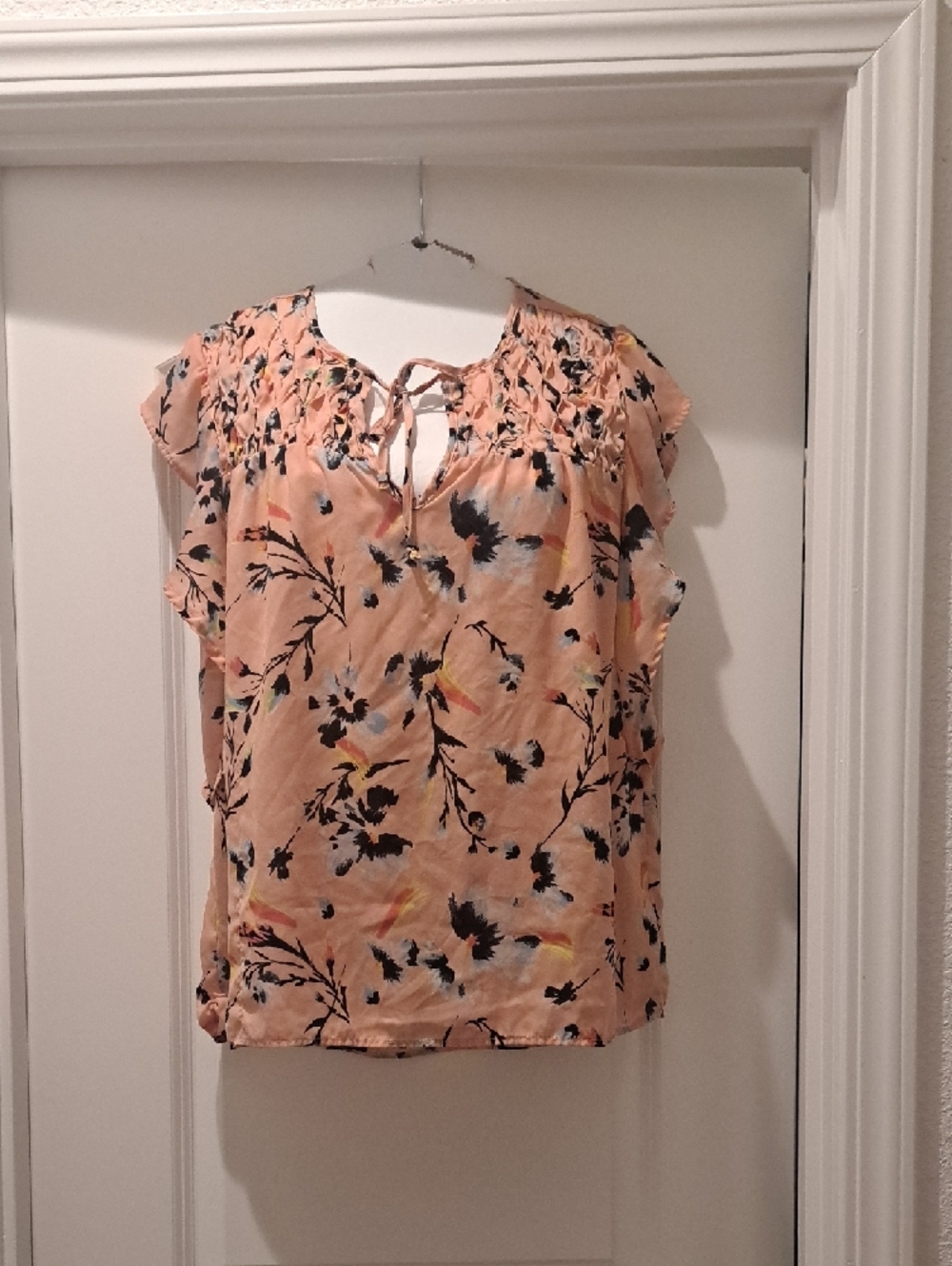 Peach Floral Smocked Tie-Front Blouse